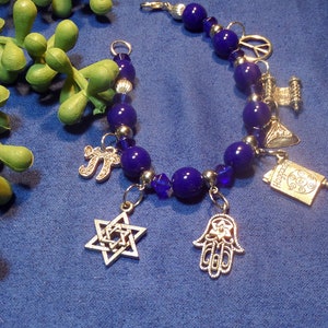 Blue Beaded Passover Charm Bracelet, Star of David, Seder Hostess Gifts, Jewish Jewelry for Mom, Grandma Gifts image 1