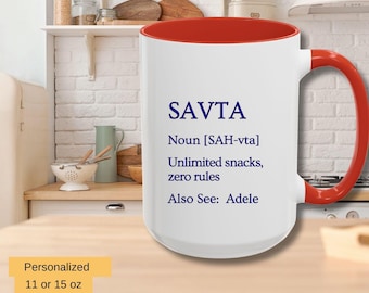 Personalized Funny Savta Saba Accent Coffee Mug, Unlimited Snacks Zero Rules, Gift for Mother's Day, Father's Day