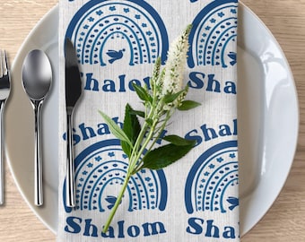 Shabbat Shalom Blue Dove Table Linens, Rainbow Shabbos Decor, Jewish Family Hostess Gifts,