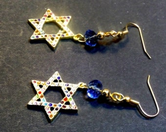 Goldtone Multicolor Star of David Rhinestone Charm Earrings, Magen David Earrings, Judaica Gifts, Religious Jewelry