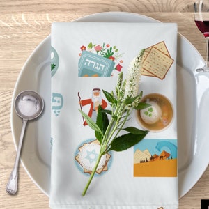 Passover Symbols Napkins, Passover Décor, Happy Passover Cloth Dinner Napkins, Passover Seder Gifts, Housewarming Gifts, Newlywed Gifts image 1