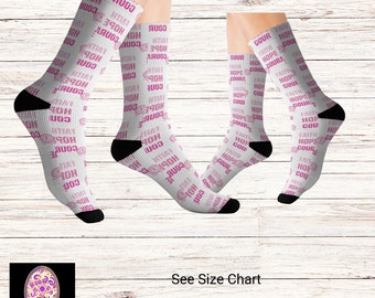 Breast Cancer Awareness Socks, Novelty Socks, Faith, Hope, Courage, Cancer Warrior, Cancer support Gifts, Pink Cancer Survivor