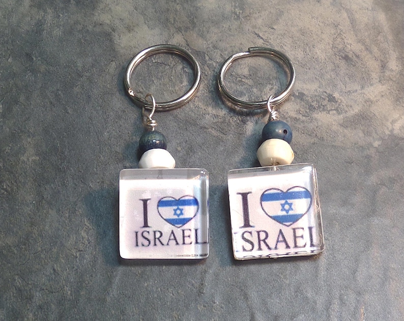 I love Israel Beaded Glass Tile Keychains, Israeli Flag Key Keepsake 2 keys heart Israel