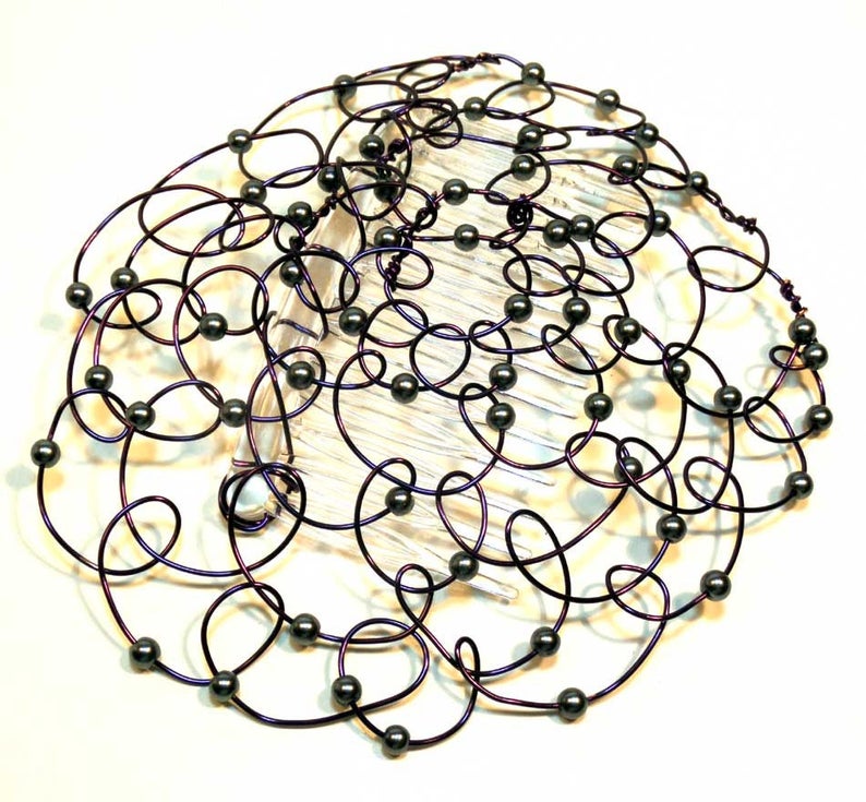 Keepsake Kippah, Womans Kippot, Yarmulke for Women, Bat Mitzvah Chapel Cap, Wire Beaded Kippah Purple Wire and Black Pearls 4.5 image 3