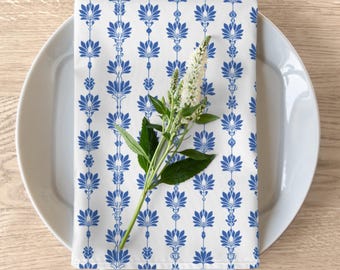 Blue and White Neo Deco Geometric Pattern Table Linens, Elegant Modern Heirloom Napkins
