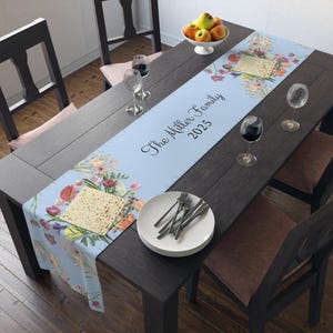 May include: A light blue table runner with floral designs and the text "The Miller Family 2025". The runner is placed on a dark wooden table set for a meal, with plates, silverware, and wine glasses.