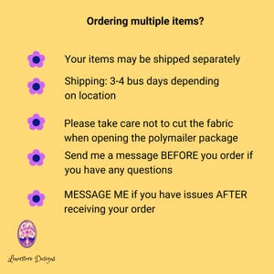 Op de afbeelding: Een gele achtergrond met tekst die luidt: "Meerdere items bestellen?" en andere tekst over verzending en bestellen. Paarse bloemengraphics zijn verspreid over de afbeelding. Het Linorstore Designs-logo staat onderaan.