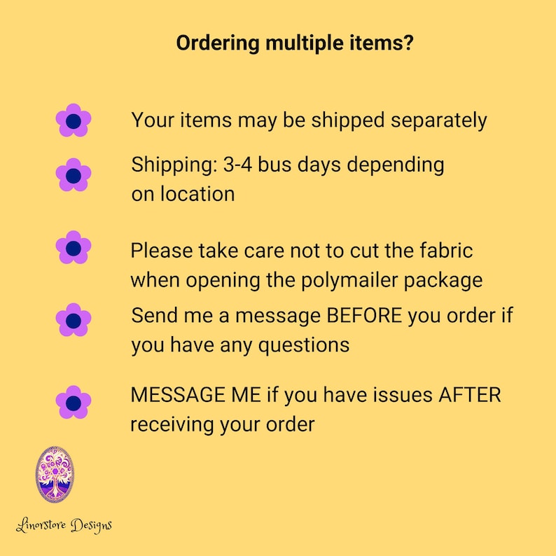 Op de afbeelding: Een gele achtergrond met tekst die luidt: "Meerdere items bestellen?" en andere tekst over verzending en bestellen. Paarse bloemengraphics zijn verspreid over de afbeelding. Het Linorstore Designs-logo staat onderaan.