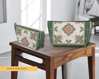 Bamboo Green and Orange Mah Jong Tile Pouch with Zipper, Coastal Style Mahj Tiles Carry Bag