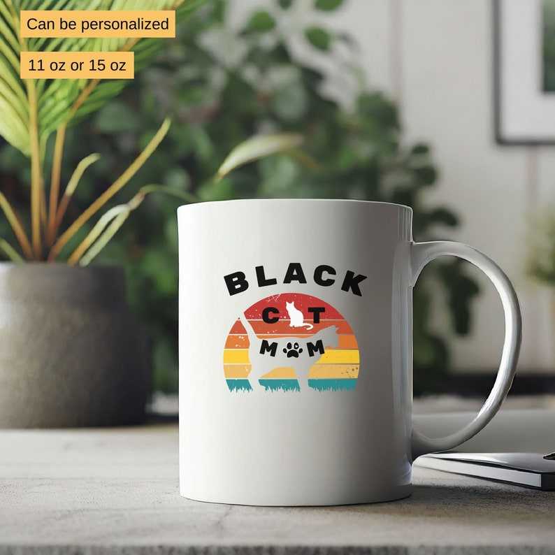 Funny Black Cat Mom Retro Sunset Coffee Mug, Ceramic Mug, Coffee Lovers Gifts, Cat Mama Gifts, Cat Lovers Gifts, Black Cat Gifts 11 oz NO NAME