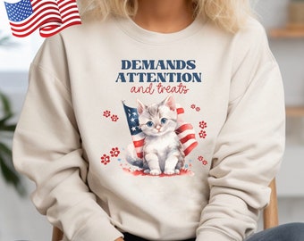 Funny Patriotic Cat Lovers Sweatshirt, Cat Lover Gifts, Cat Mama Shirt, Womens Crewneck Sweatshirt, US Flag Cat Shirt