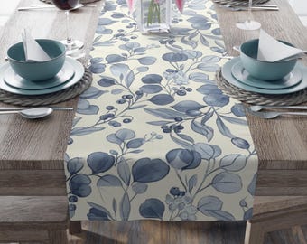 Blue Watercolor Table Runner, Botanical Modern Heirloom Home Decor Farmhouse Style Wedding Gifts