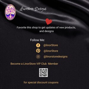 Puede incluir: Fondo negro con el texto "Linorstore Designs". La imagen incluye un coraz&oacute;n rojo y el texto "Favorito esta tienda para obtener actualizaciones de nuevos productos y dise&ntilde;os". Se enumeran las redes sociales.