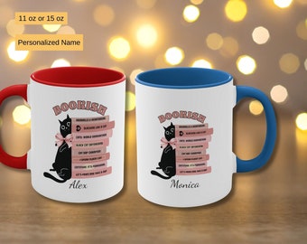 Bookish Personalized Cat and Books Custom Name Mug, Coquette Style Book Lovers Gifts, Cat Mom Gift, Reading Mug, Gift for Librarian