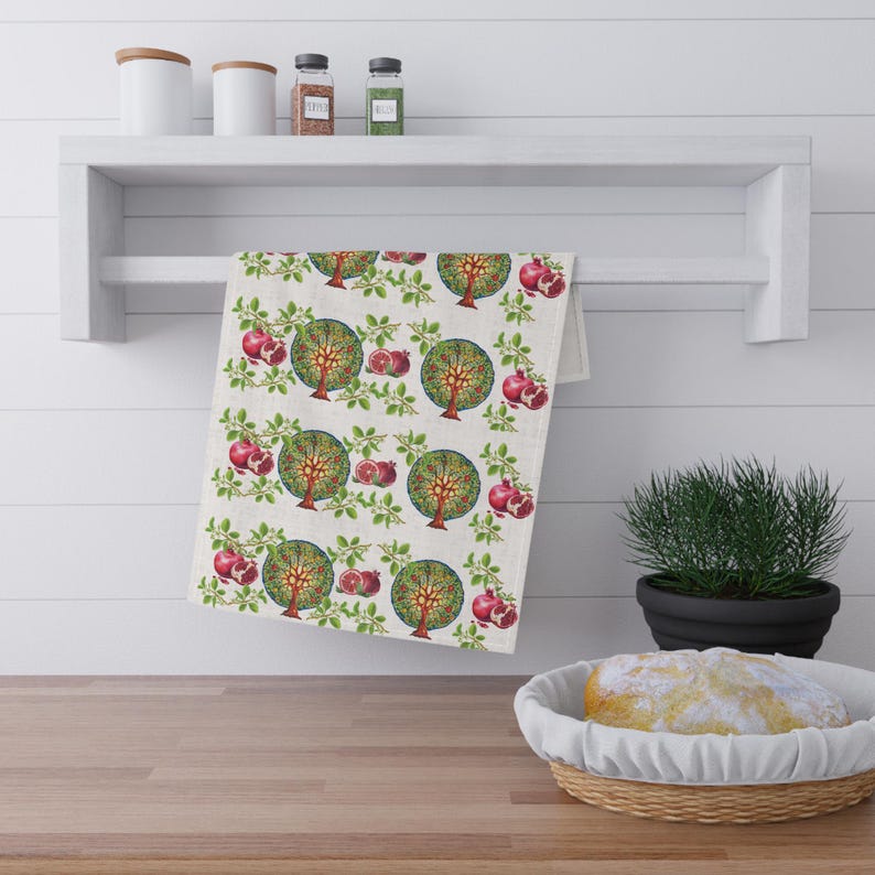 Pomegranate Tree of Life Kitchen Tea Towels, Jewish New Year Home Decor, Jewish Table Napkins, Hostess Gifts Tea Towel