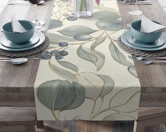 Abstract Table Runner, Olives and Leaves Watercolor Botanical Family Holiday Linens