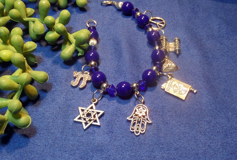Blue Beaded Passover Charm Bracelet, Star of David, Seder Hostess Gifts, Jewish Jewelry for Mom, Grandma Gifts image 3
