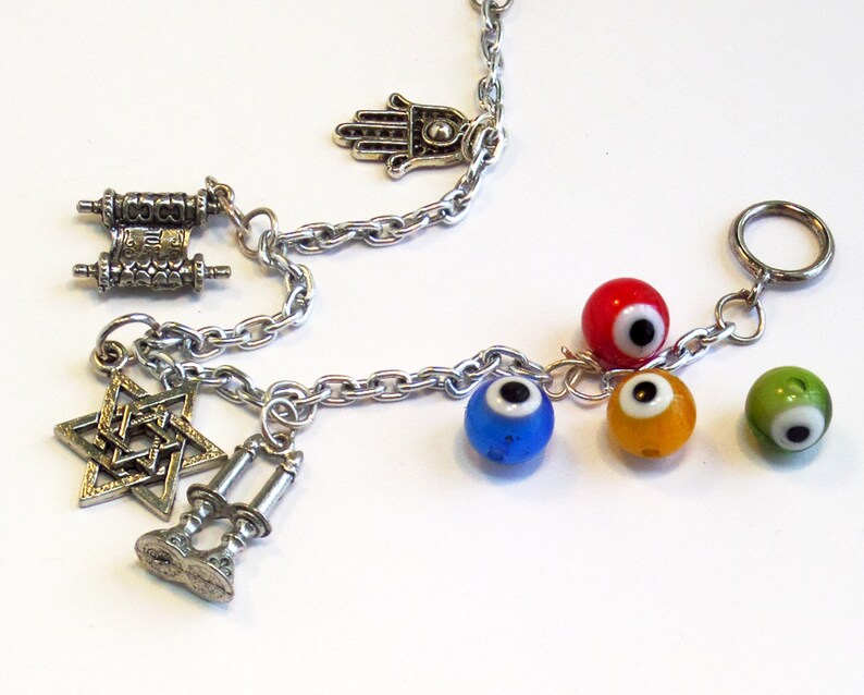 Jewish Charm Bracelet with Star of David and Shabbat Charms and Evil Eye Bead for Protection image 3