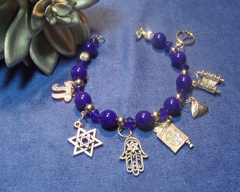 Blue Beaded Passover Charm Bracelet, Star of David, Seder Hostess Gifts, Jewish Jewelry for Mom, Grandma Gifts image 2