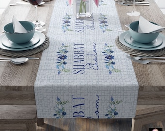Shabbat Table Runner, Jewish Sabbath Table Decor, Blue Floral Linens, Shabbat Hostess Gifts