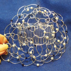 Wire Beaded Bat Mitzvah Women's Kippah with Gold Wire, White Pearls and Swarovski Crystals