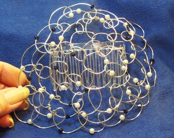 Wire Beaded Bat Mitzvah Women's Kippah with Gold Wire, White Pearls and Swarovski Crystals