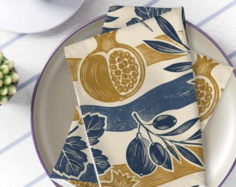 Gold Pomegranate Olives Home Decor, Jewish New Year Hostess Gift Linens, Modern Judaica Art