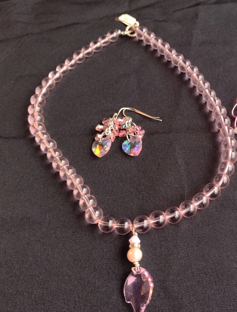 Pink Leaf Necklace Crystals Crystal Necklace Pink Beaded Etsy