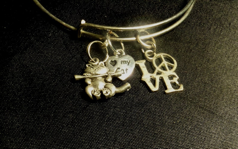 Cat Lovers Bangle Bracelet, Charm Bracelet, Gifts for Her, Adjustable Stacking bracelets, Minimalist Jewelry, Mom Gift Love letters charm