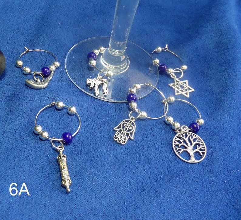 Handmade Jewish wine glass charms with blue and silver beads by Linda B or LinorStore designs