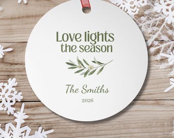 Love Lights the Season Ornament, Personalized Family Interfaith Holiday Botanical Modern Heirloom Gift