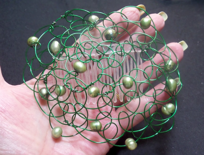 Image of Bat Mitzvah Green Pearl Wire wrapped Kippah in my hand.