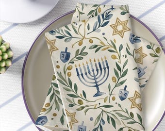 Hanukkah Modern Olive Menorah & Dreidel Table Runner, Chanukah Holiday Home Décor
