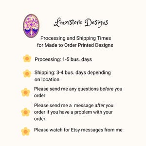 May include: Cream-coloured graphic with the text "Linorstore Designs" and information about processing and shipping times for made-to-order printed designs. Includes details on processing, shipping, and customer communication.