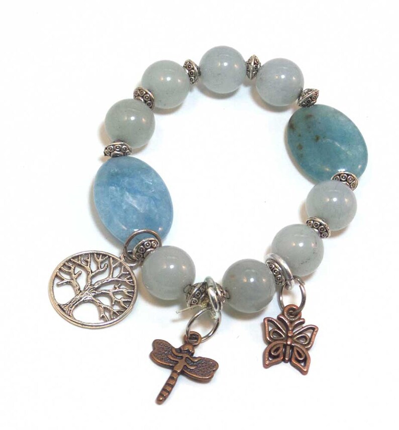 March Birthstone Jewelry, Aquamarine Gemstone Beaded Charm Bracelet image 1