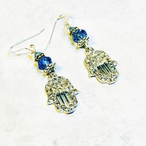 Blue Silver Hamsa Earrings, Hamsa Charm Earrings, Bat Mitzvah Jewelry, Jewish Gifts for Her, Sterling Silver  or Goldtone Earwires