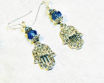 Blue Silver Hamsa Earrings, Hamsa Charm Earrings, Bat Mitzvah Jewelry, Jewish Gifts for Her, Sterling Silver  or Goldtone Earwires