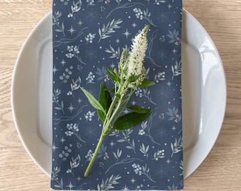 Indigo Floral Table Linens, Blue Botanical Modern Heirloom Farmhouse Style, Wedding Hanukkah Gifts