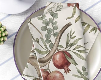 Pomegranate Shofar Botanical Dining Linens, High Holiday Decor, Hostess Gifts, Modern Heirloom