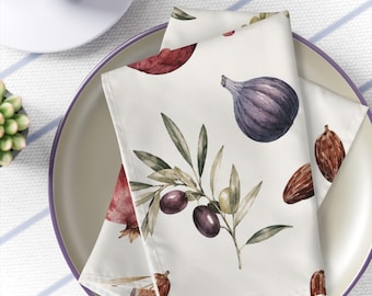 7 Species Botanical Harvest Table Decor, Jewish Holiday Table Linen, Modern Heirloom Dining Pomegranate Fig Olive Grape  Hostess Gift