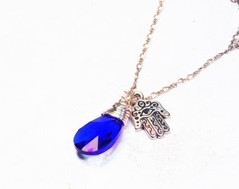 Blue Crystal Necklace, Hamsa Hand Necklace, Necklaces for Women, Hand of God Jewelry, Jewish Gifts for Protection