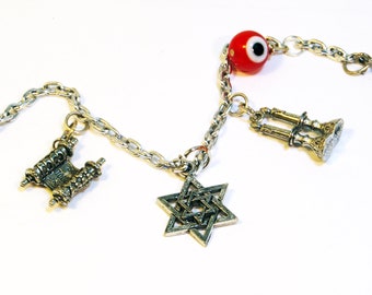 Jewish Charm Bracelet with Star of David and Shabbat Charms and Evil Eye Bead for Protection