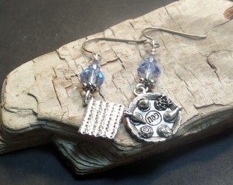 Passover Seder Matzah Earrings, Pesach Earrings, Light Blue Matzah and Seder Plate, Jewish Jewelry Gifts for Mom