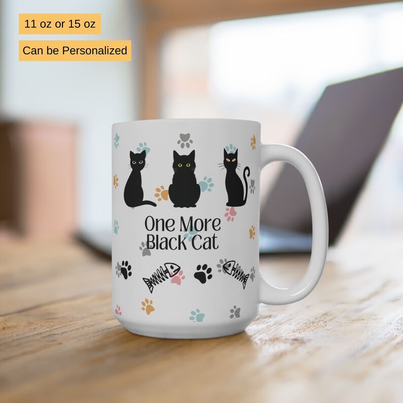 Funny Black Cat Paws and Fish Ceramic Mug for Coffee Lovers and Black Cat Moms image 1