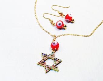 Star of David Jewelry, Goldtone Colorful, Rhinestone, Protection, Magen David Necklace, Goldtone Chain, Minimalist