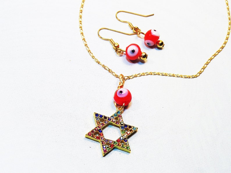 Star of David Jewelry, Goldtone Colorful, Rhinestone, Protection, Magen David Necklace, Goldtone Chain, Minimalist image 1