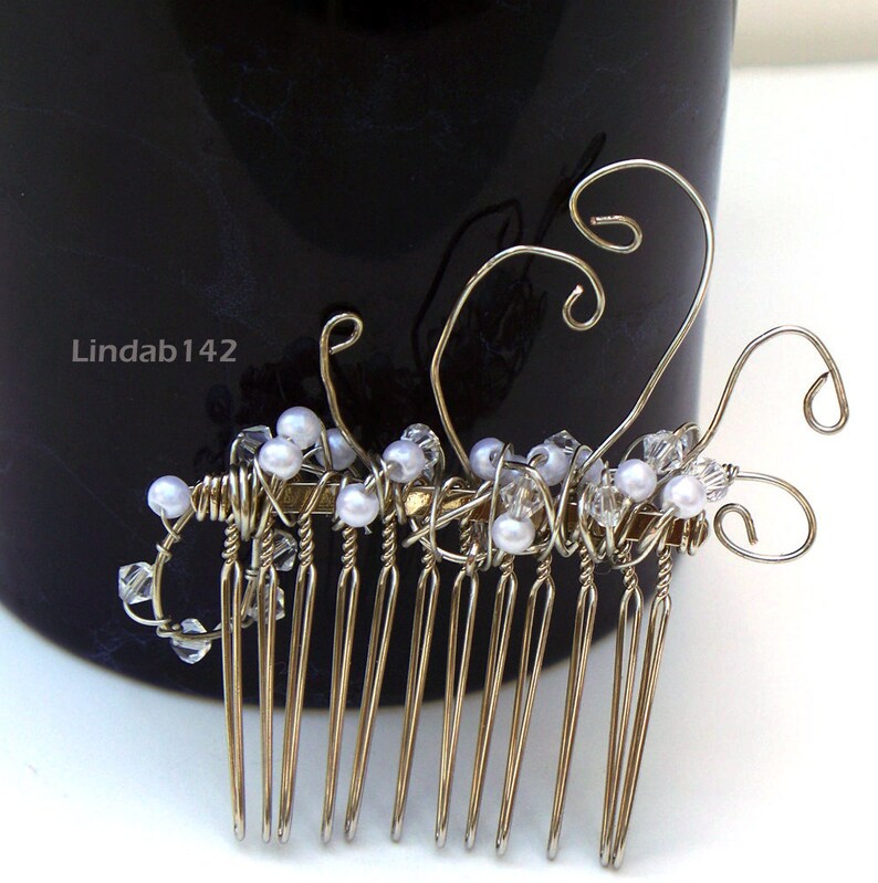 Bridal Comb, Hair Accessories, Holiday Comb, White Pearl and Bicone Swarovski Crystal Wire wrapped Comb, Sparkly Hair Jewelry image 1