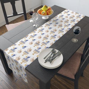 White Hanukkah Menorah and Dreidel Table Runner, Chanukah Party Decor, Jewish Family Gifts