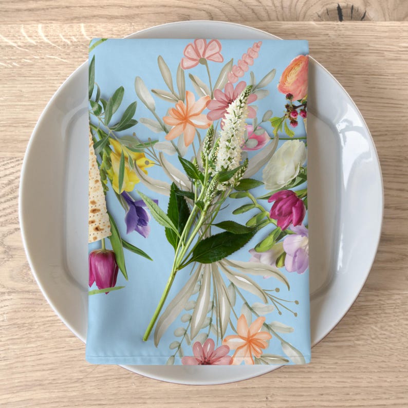 Blue Matzah Floral Passover Flowers Table Linens, Personalized Pesach ...