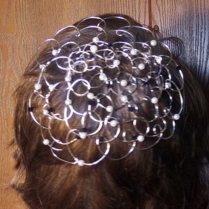 Wire Kippah, Wire Beaded Kippot, Bat Mitzvah, Yom Tov Silver White Pearls Dark Blue crystals image 4